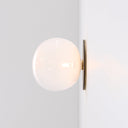 Wall-mounted light fixture with a round glass shade and brass finish on a light gray background